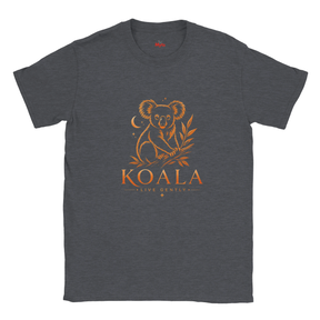 A dark heather gray crewneck t-shirt featuring a distressed orange graphic of a koala sitting on a branch with the text 'KOALA LIVE GENTLY' printed on the chest.