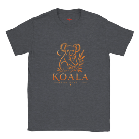 A dark heather gray crewneck t-shirt featuring a distressed orange graphic of a koala sitting on a branch with the text 'KOALA LIVE GENTLY' printed on the chest.
