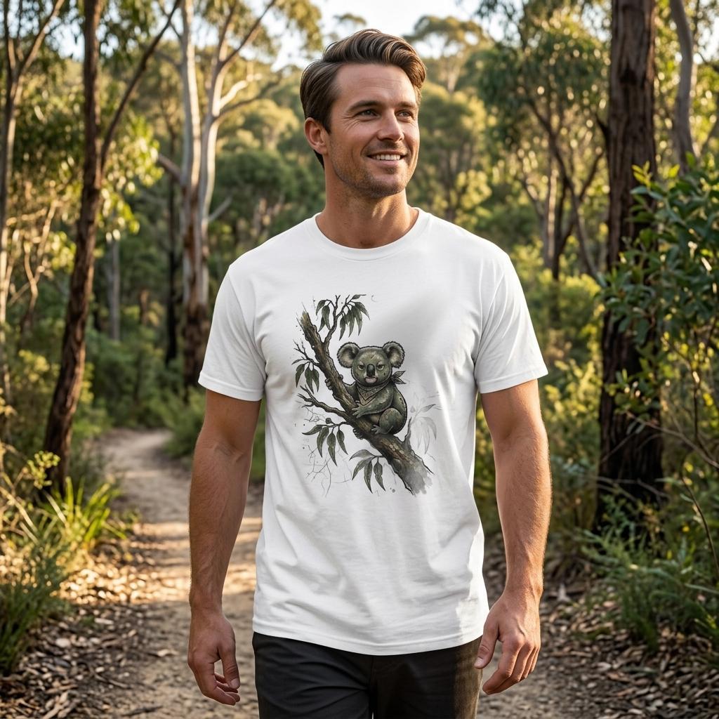 A man standing on a forest path wearing a white crew-neck t-shirt with a detailed black and gray graphic of a koala on a tree branch.