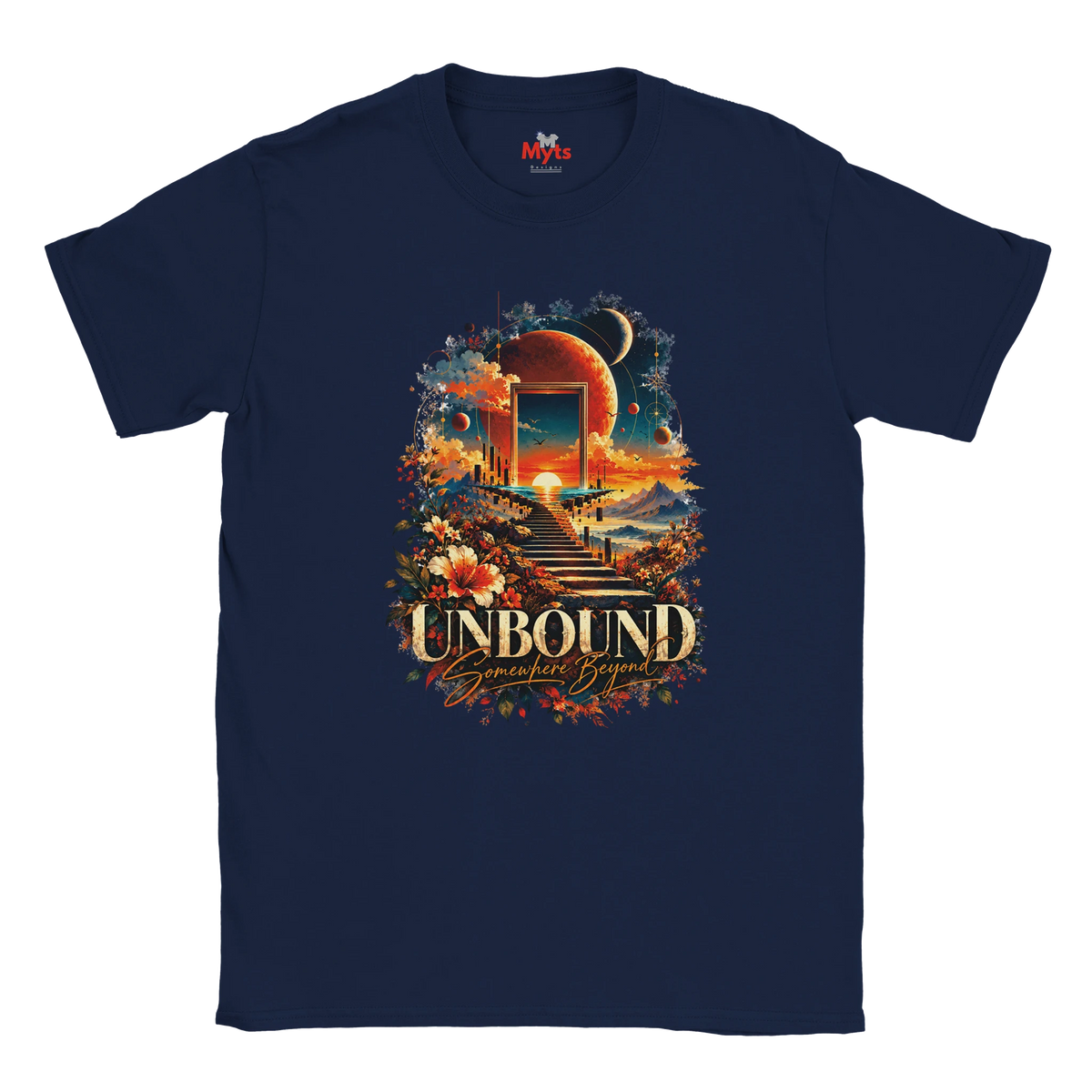 A Navy flat-lay T-shirt with surreal space and floral design with the words in bold "Unbound" and in a script style below "Somewhere Beyond