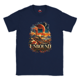 A Navy flat-lay T-shirt with surreal space and floral design with the words in bold "Unbound" and in a script style below "Somewhere Beyond