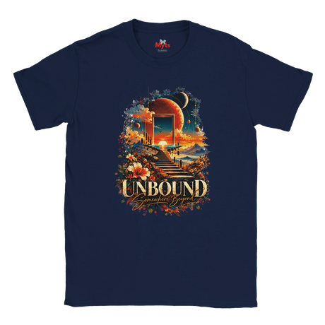 A Navy flat-lay T-shirt with surreal space and floral design with the words in bold "Unbound" and in a script style below "Somewhere Beyond
