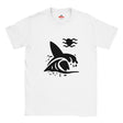 White T-shirt with a black graphic design of a surfboard and wave on a white background