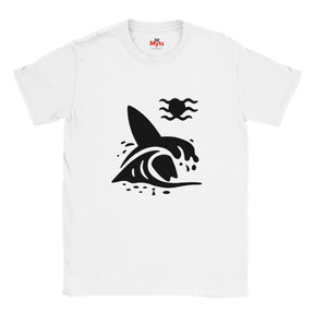 White T-shirt with a black graphic design of a surfboard and wave on a white background