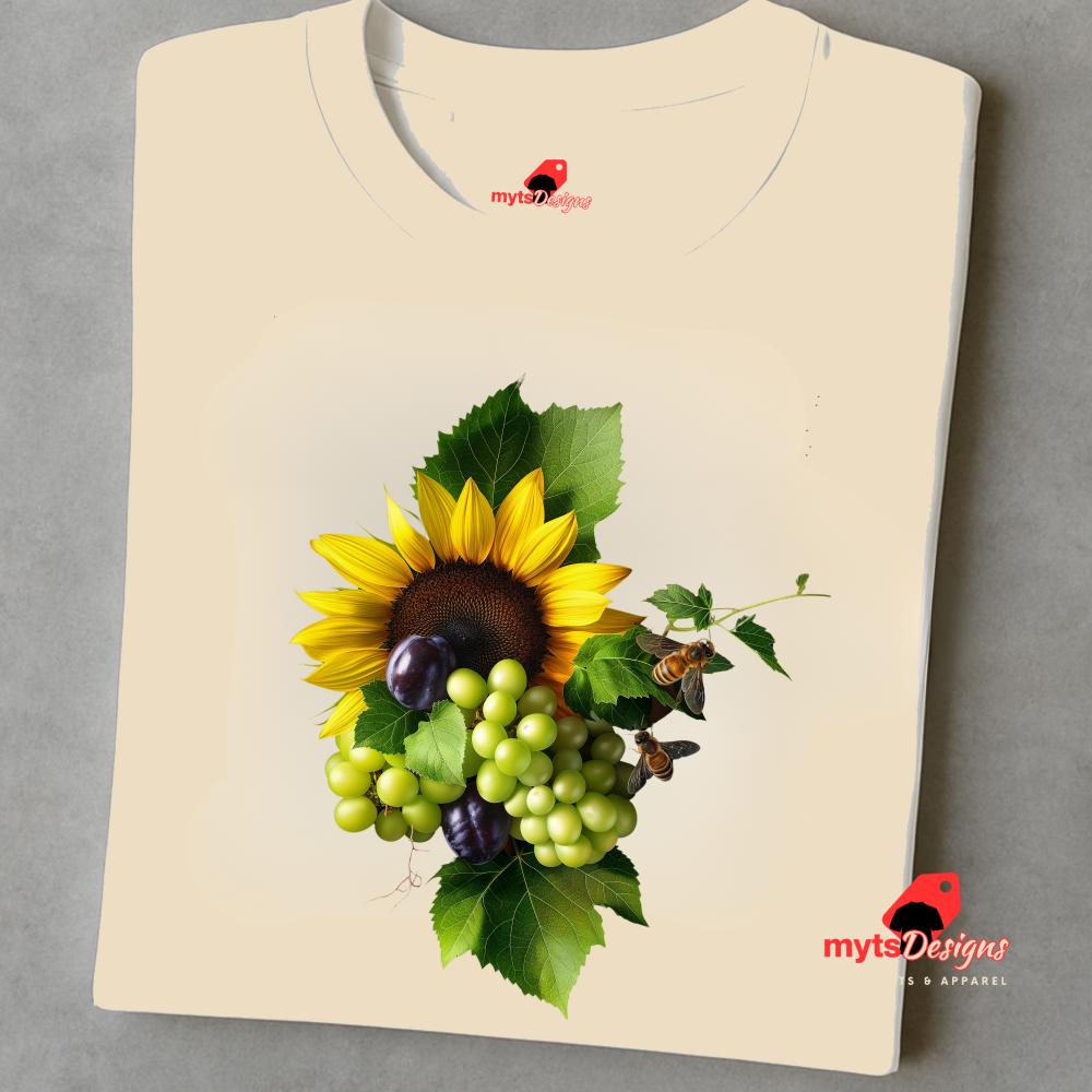 Beige t-shirt with a sunflower and fruit design on a gray background