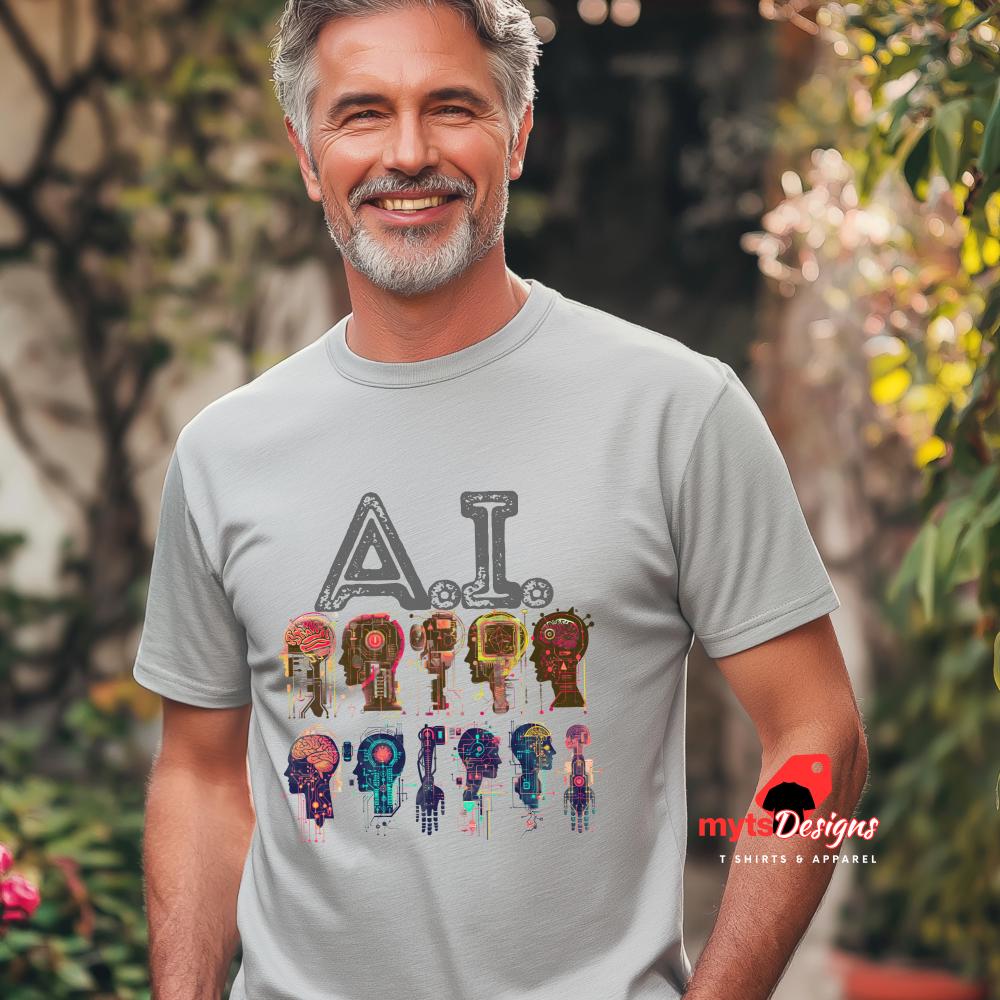 Man wearing a t-shirt with colorful text design outdoors