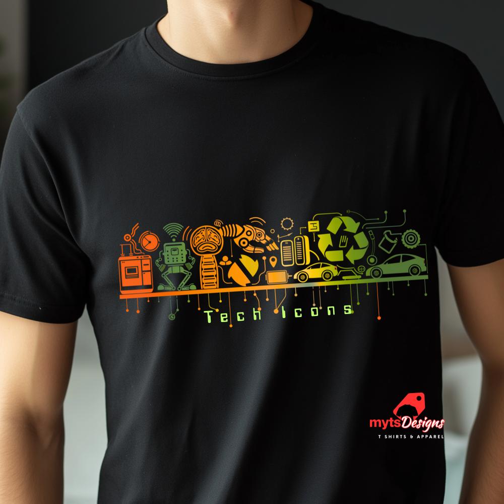 Black t-shirt with colorful graphic design and 'myte Designs' logo.