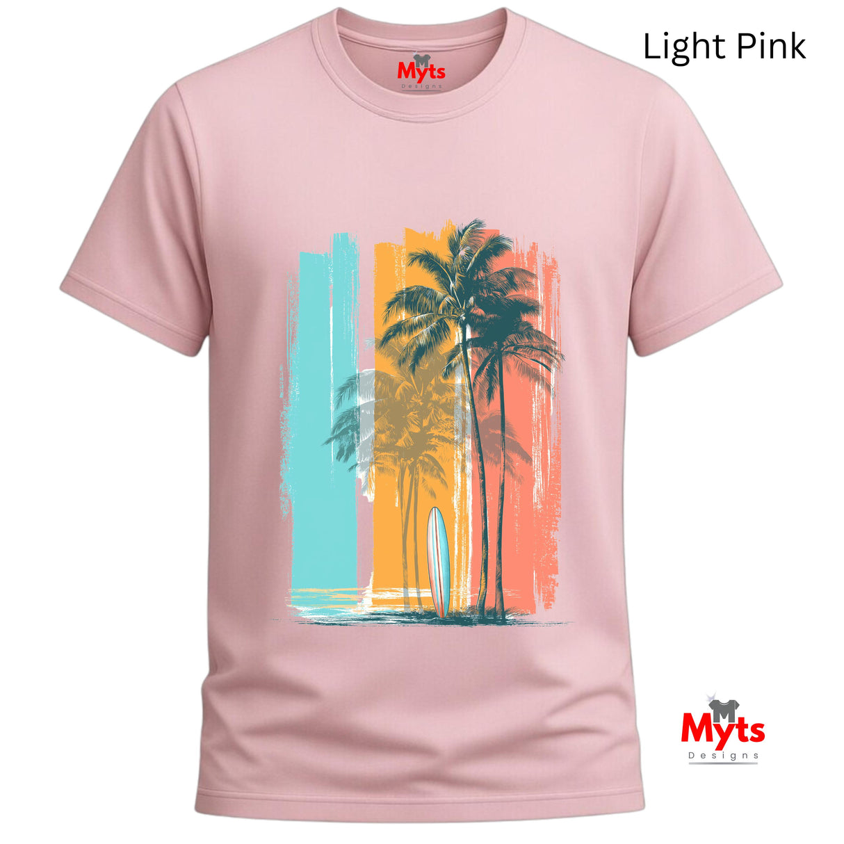 Light pink t-shirt with palm tree and surfboard design on a white background