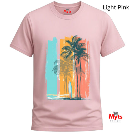 Light pink t-shirt with palm tree and surfboard design on a white background