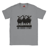 
Front view of sports grey cotton T-shirt featuring illustrated cows and text “An Udder Story” – humorous farm-themed graphic tee
