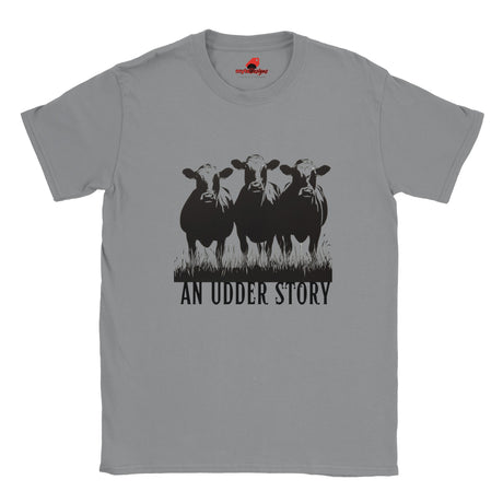 
Front view of sports grey cotton T-shirt featuring illustrated cows and text “An Udder Story” – humorous farm-themed graphic tee
