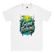 White t-shirt with 'Gone Fishing' graphic design on a white background