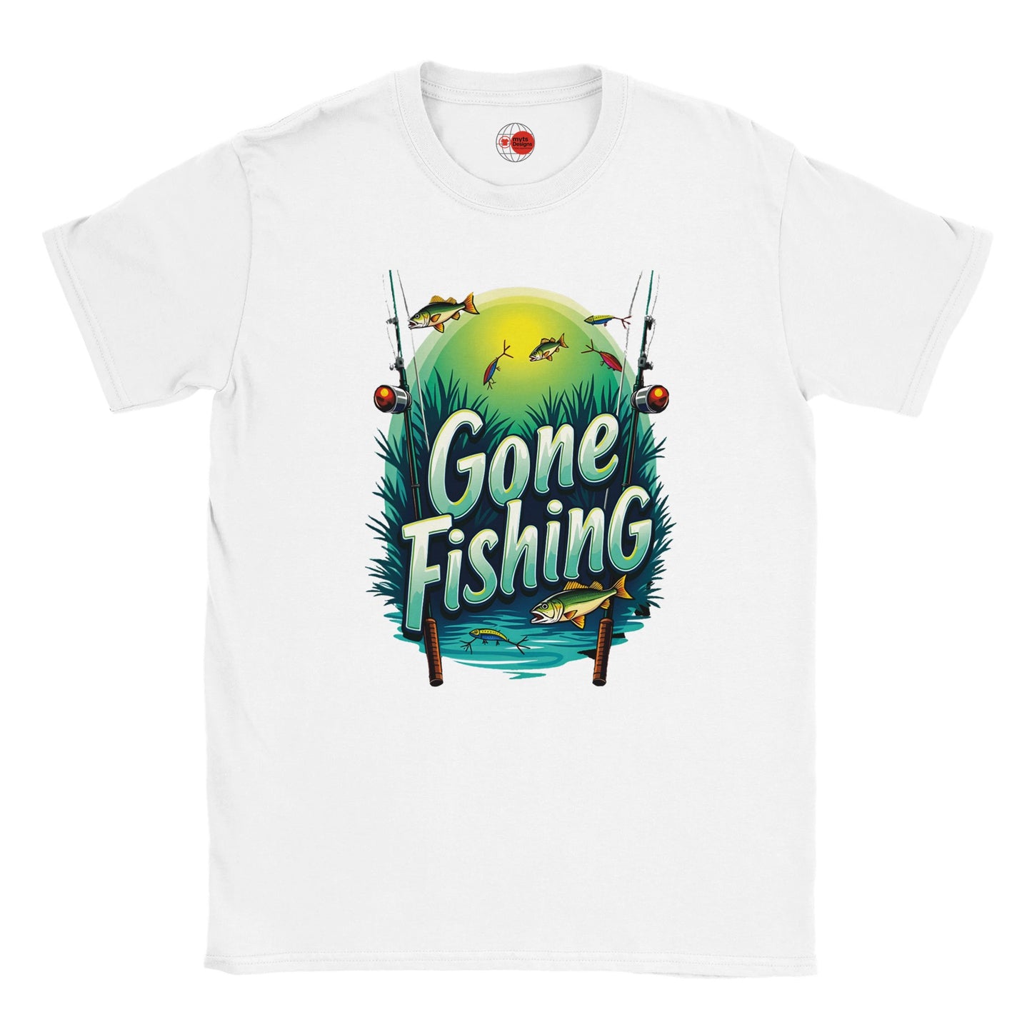 White t-shirt with 'Gone Fishing' graphic design on a white background