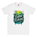 White t-shirt with 'Gone Fishing' graphic design on a white background