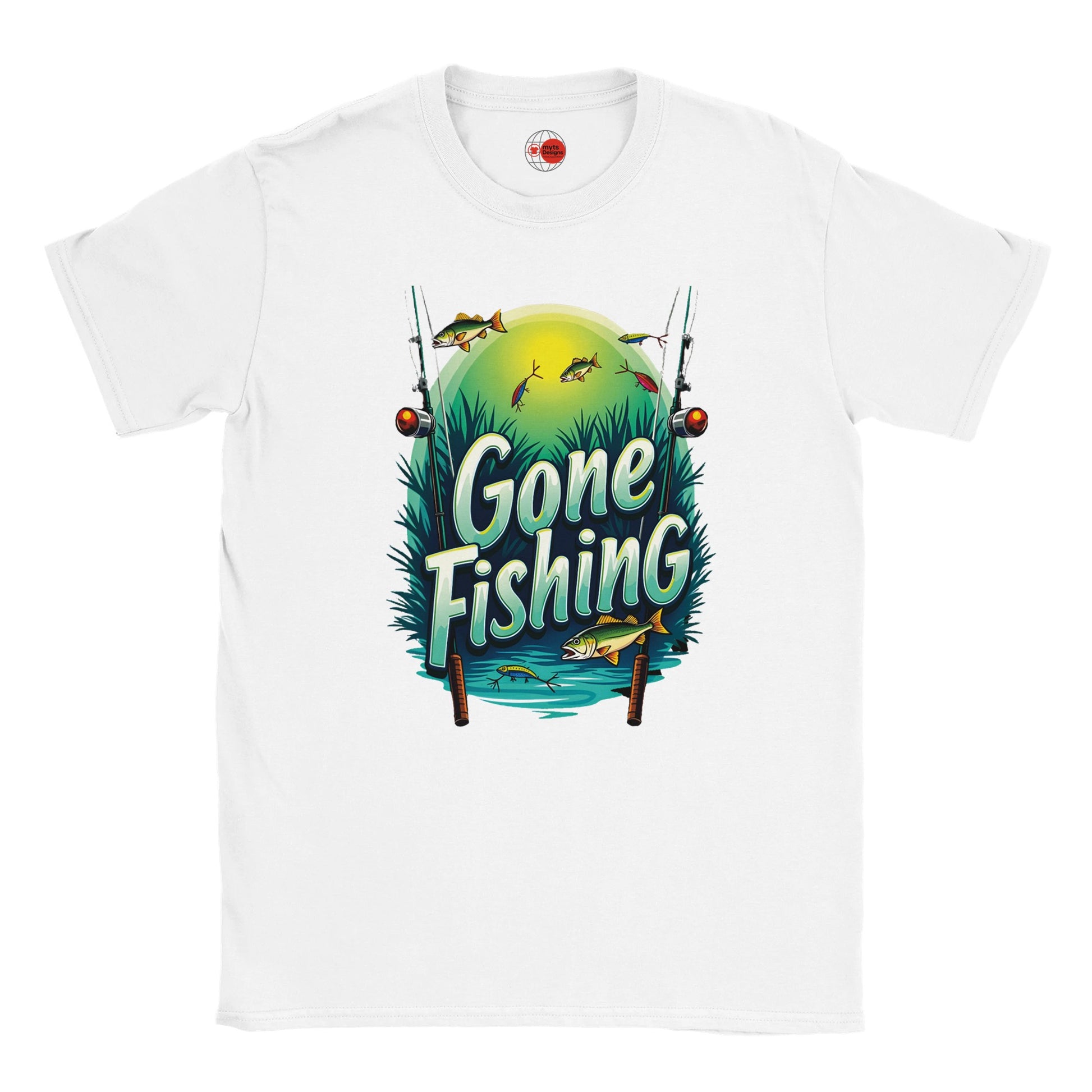 White t-shirt with 'Gone Fishing' graphic design on a white background