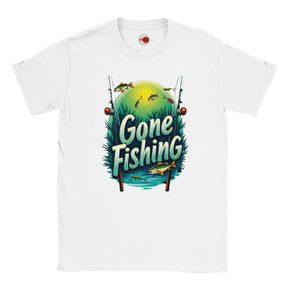 White t-shirt with 'Gone Fishing' graphic design on a white background