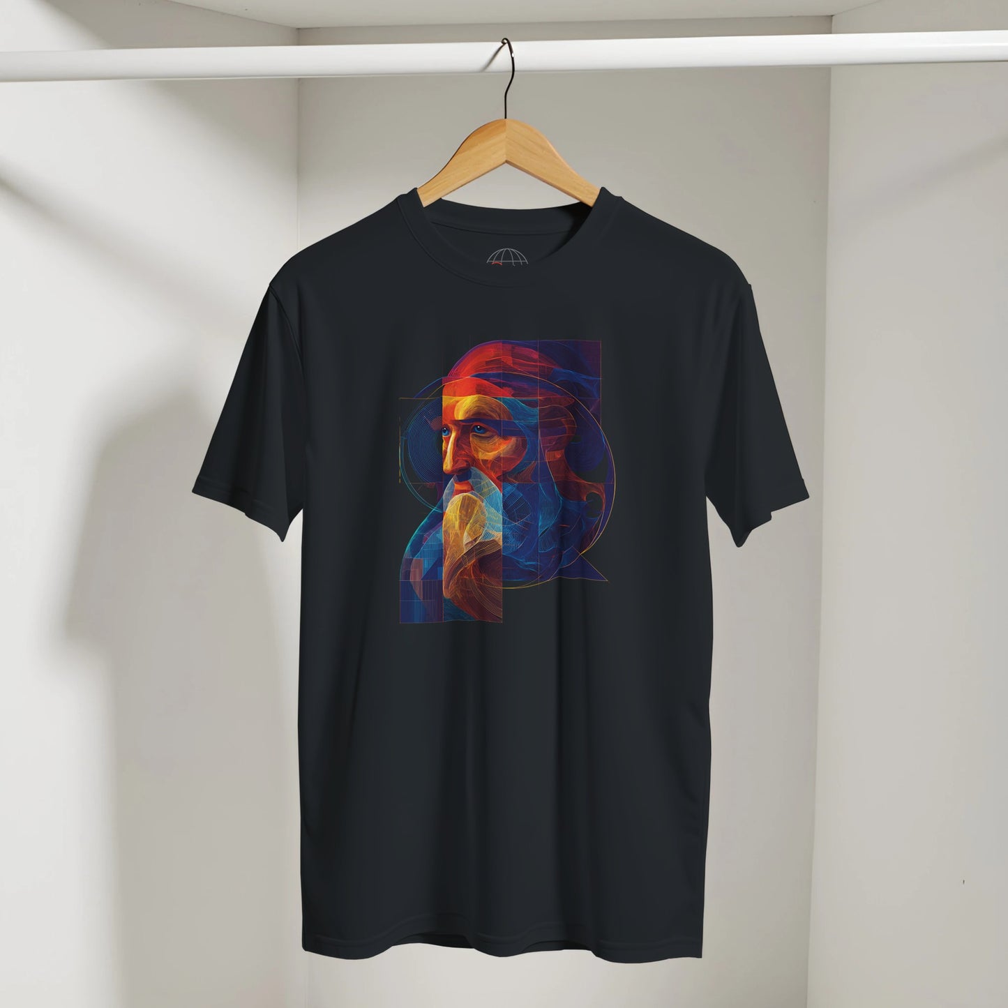 Black t-shirt with a colorful graphic of a face on a hanger against a plain background