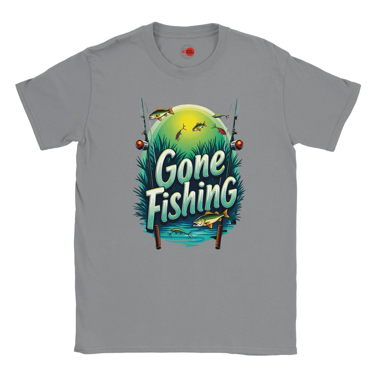 Gray t-shirt with 'Gone Fishing' graphic design on a white background