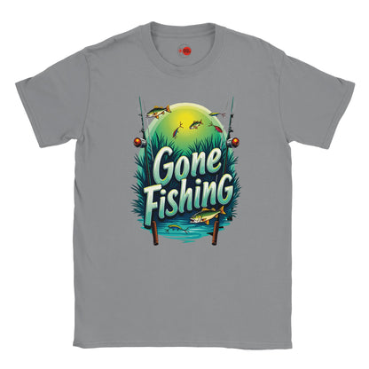 Gray t-shirt with 'Gone Fishing' graphic design on a white background