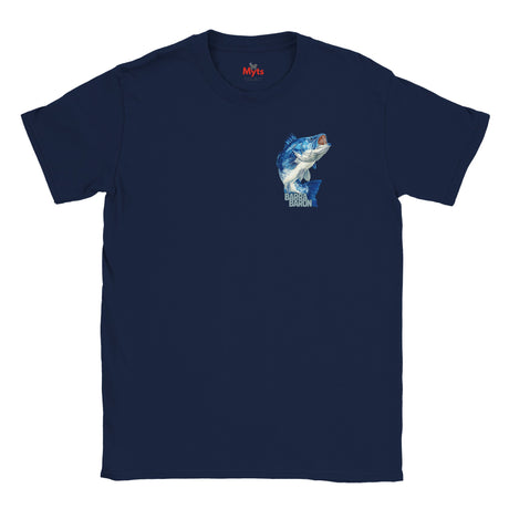 Navy blue t-shirt with a fish graphic on a white background