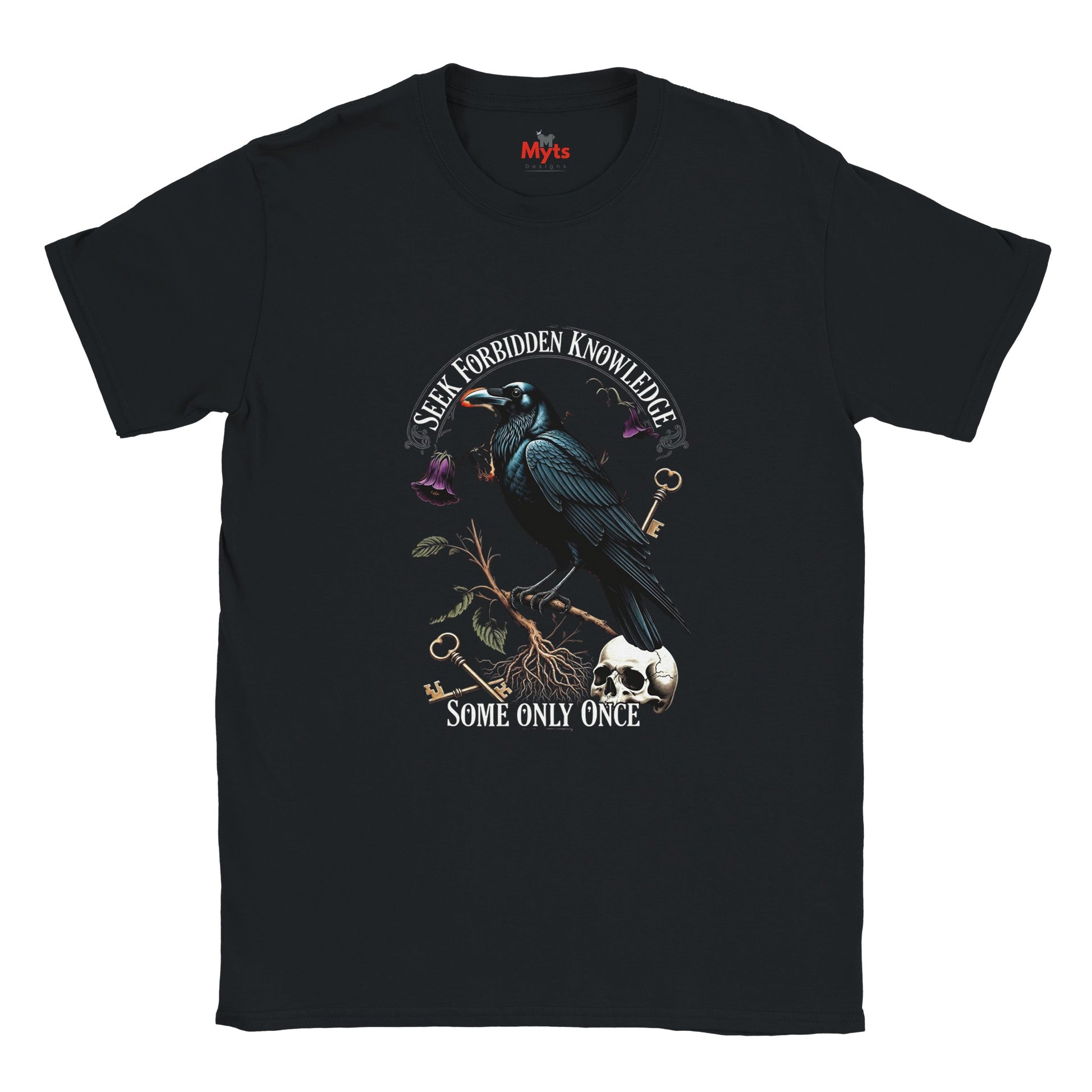 Black t-shirt with a crow and text design on a white background
