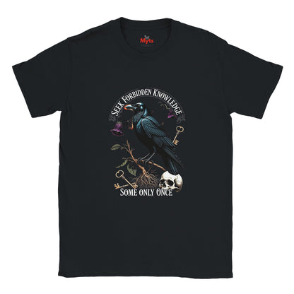 Black t-shirt with a crow and text design on a white background