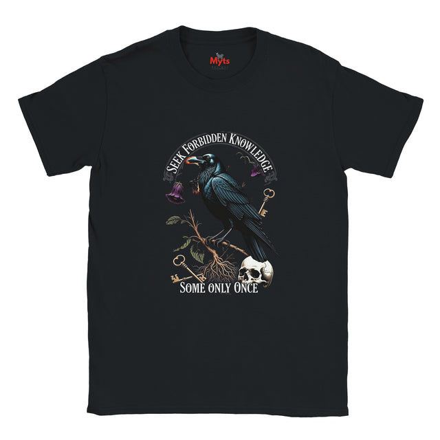 Black t-shirt with a crow and text design on a white background