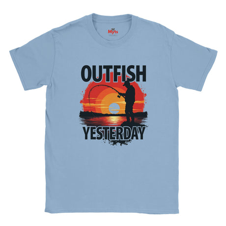 Light blue t-shirt with fishing graphic and text 'Outfish Yesterday' on a white background