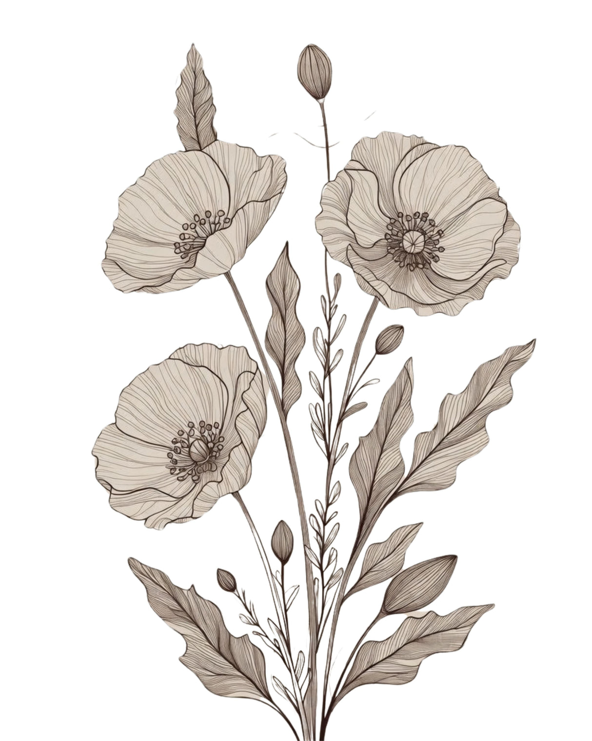 Botanical illustration of four poppy flowers with stems, leaves, and buds in a muted sepia tone on a plain white background.