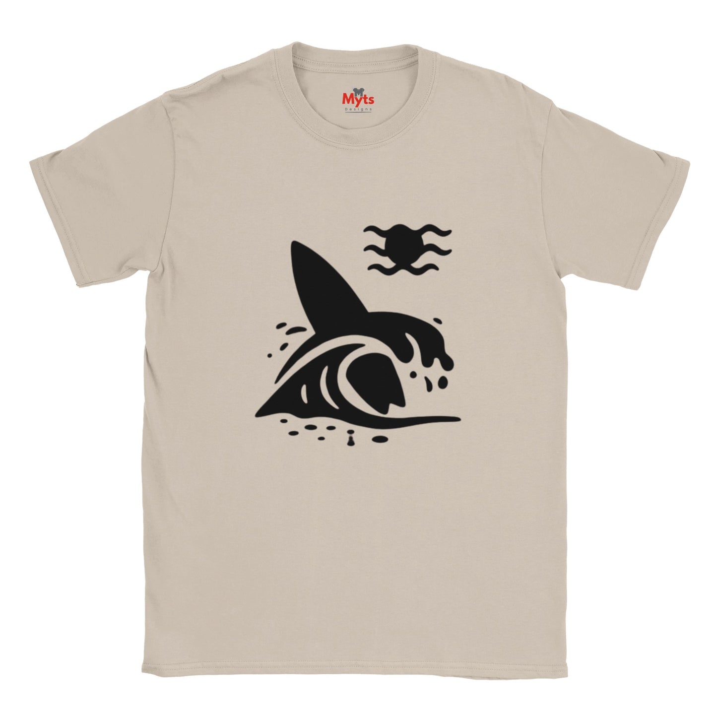 Natural t-shirt with a black graphic design of a surfboard and a wave on a white background