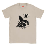 Natural t-shirt with a black graphic design of a surfboard and a wave on a white background
