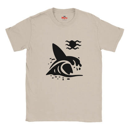 Natural t-shirt with a black graphic design of a surfboard and a wave on a white background