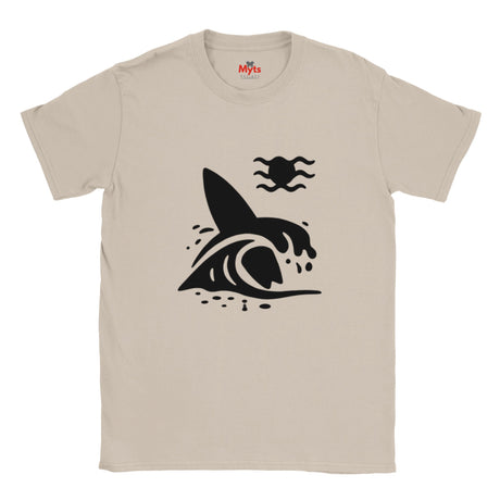 Natural t-shirt with a black graphic design of a surfboard and a wave on a white background