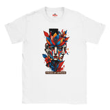 White Faces of Spring T-shirt featuring colourful abstract geometric faces surrounded by red, blue and yellow flowers, leaves and expressive paint details.