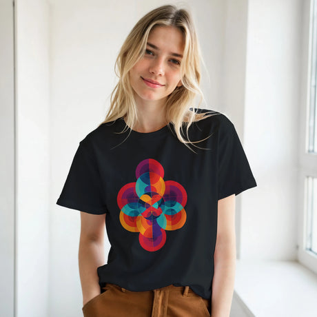 Woman wearing a black t-shirt with a colorful geometric design in a bright room.