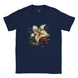Navy blue t-shirt with a floral design featuring white lilies and blueberries on a white background.