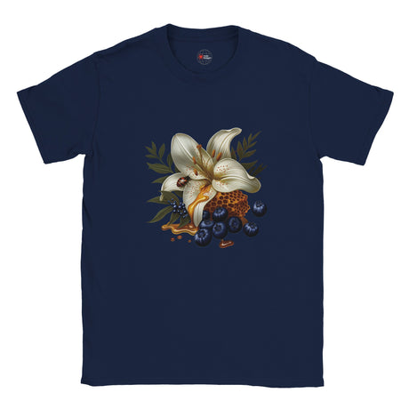 Navy blue t-shirt with a floral design featuring white lilies and blueberries on a white background.