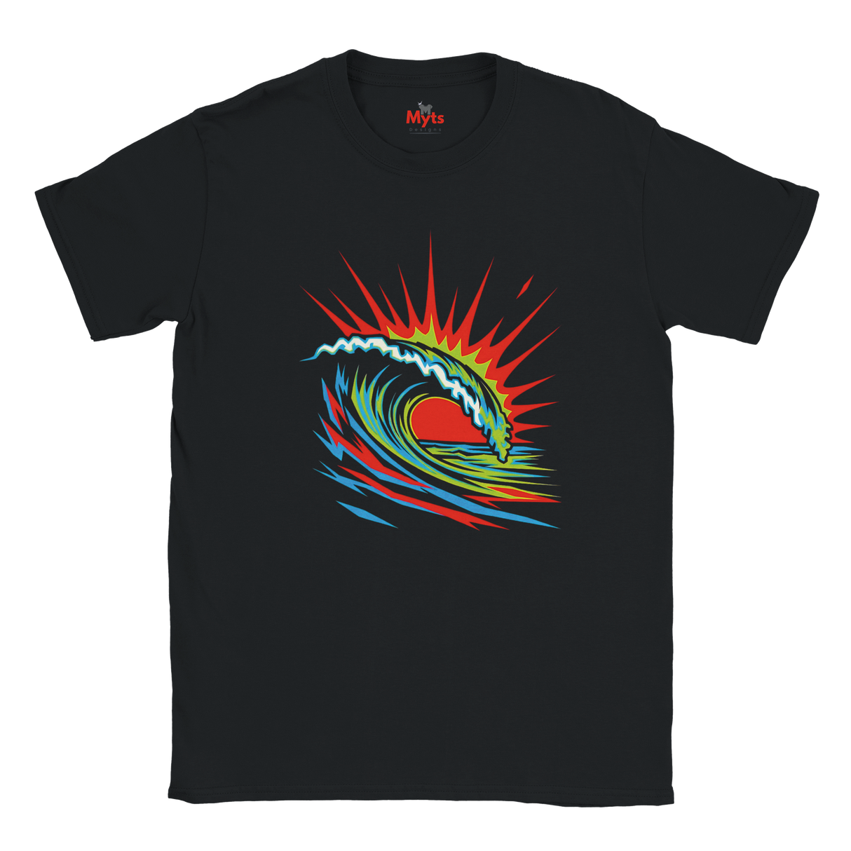 Black t-shirt with a colorful wave design on a white background