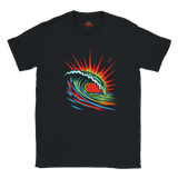 Black t-shirt with a colorful wave design on a white background