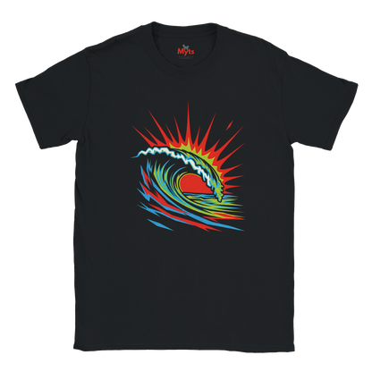 Black t-shirt with a colorful wave design on a white background