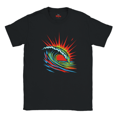 Black t-shirt with a colorful wave design on a white background