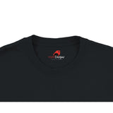 Black t-shirt with a logo on the collar against a white background