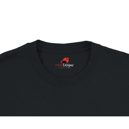 Black t-shirt with a logo on the collar against a white background