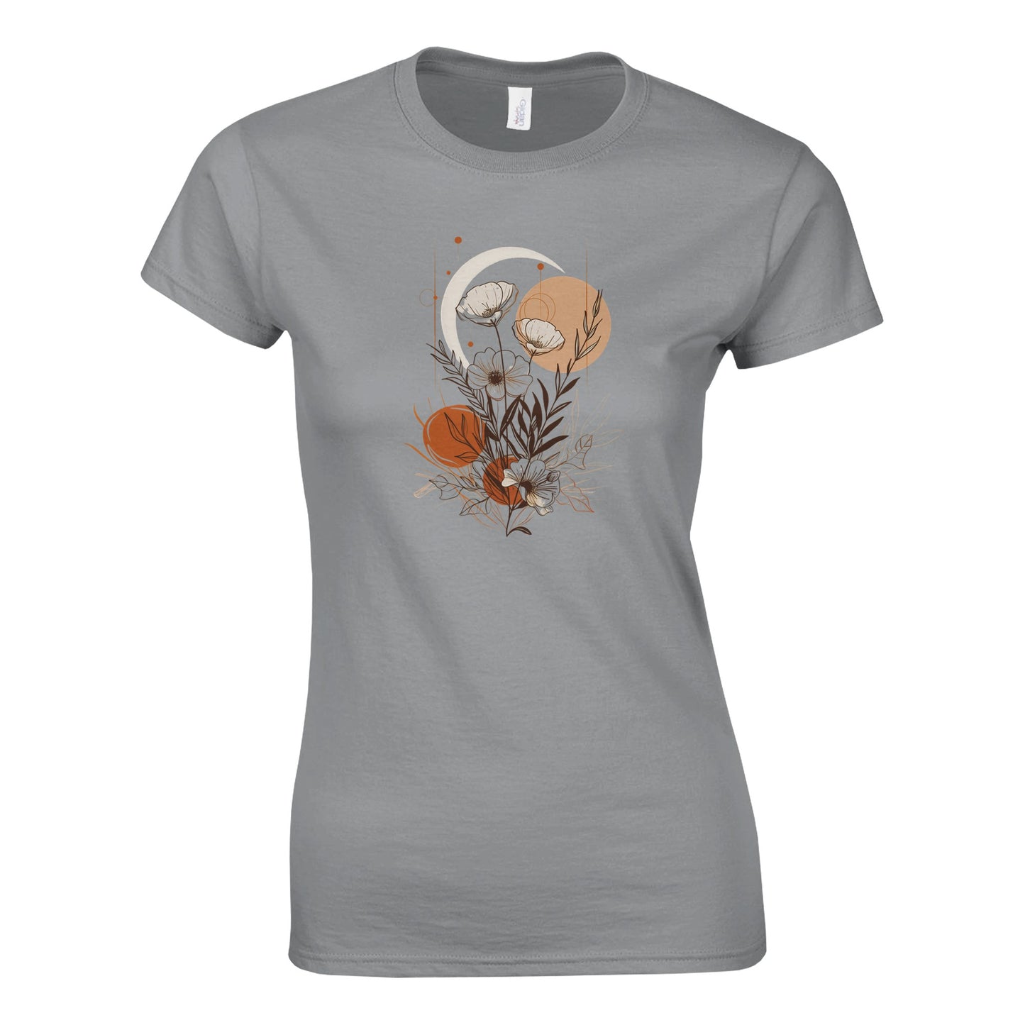 Gray t-shirt with floral design on a white background