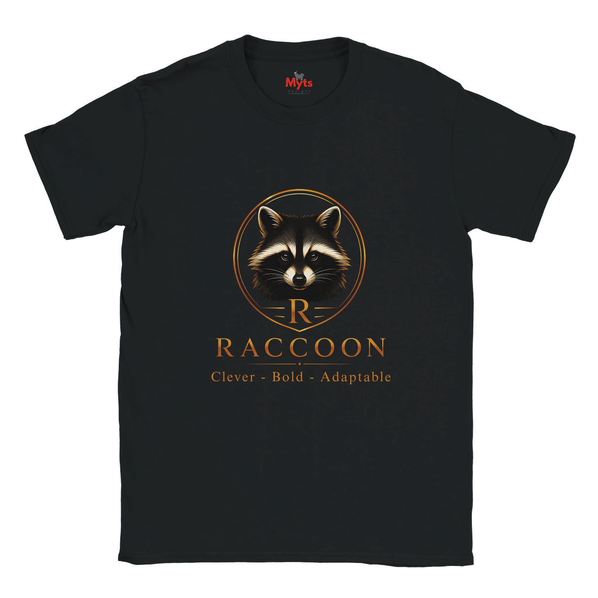 A black short-sleeve crewneck t-shirt featuring a graphic of a raccoon inside a circular frame with the letter 'R' and the word 'RACCOON' printed below in gold, with the tag 'The Myls' visible inside the collar.