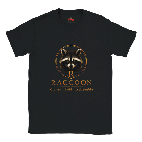 A black short-sleeve crewneck t-shirt featuring a graphic of a raccoon inside a circular frame with the letter 'R' and the word 'RACCOON' printed below in gold, with the tag 'The Myls' visible inside the collar.
