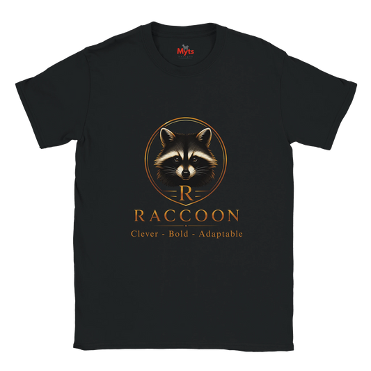 A black short-sleeve crewneck t-shirt featuring a graphic of a raccoon inside a circular frame with the letter 'R' and the word 'RACCOON' printed below in gold, with the tag 'The Myls' visible inside the collar.