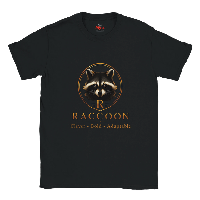 A black short-sleeve crewneck t-shirt featuring a graphic of a raccoon inside a circular frame with the letter 'R' and the word 'RACCOON' printed below in gold, with the tag 'The Myls' visible inside the collar.
