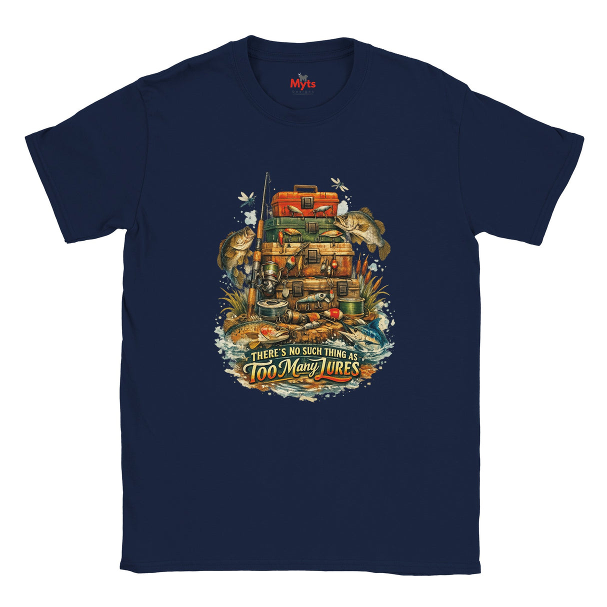 Navy blue t-shirt with fishing-themed graphic and text on a white background