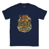 Navy blue t-shirt with fishing-themed graphic and text on a white background
